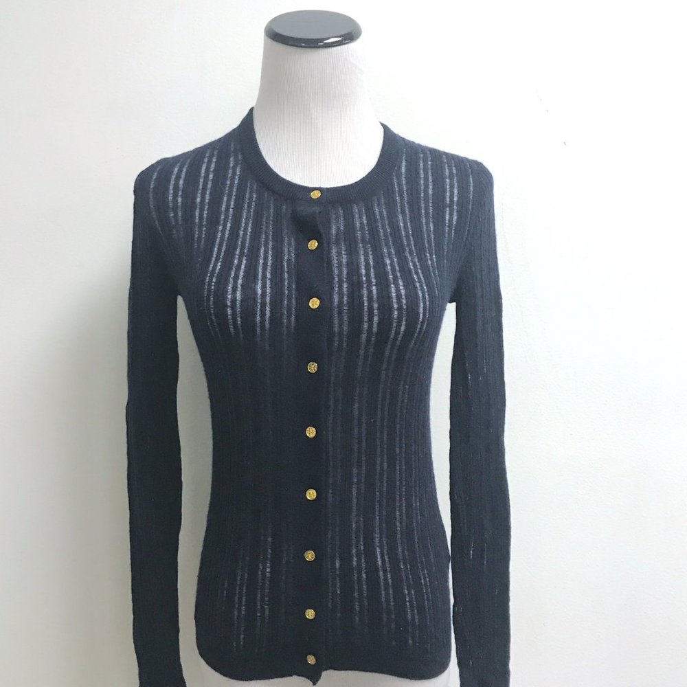 TORY BURCH CASHMERE NAVY blue semi sheer SWEATER GOLD logo Buttons XS